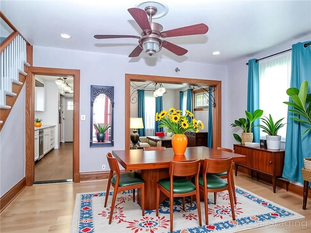 333 Lafayette Ave, Staten Island, NY 10301 - dining space featuring stairs, light wood finished floors, ceiling fan, baseboards, and recessed lighting