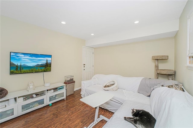 living room featuring baseboards, recessed lighting, and wood finished floors