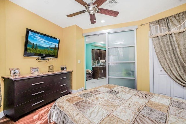 bedroom featuring visible vents, recessed lighting, baseboards, and ceiling fan