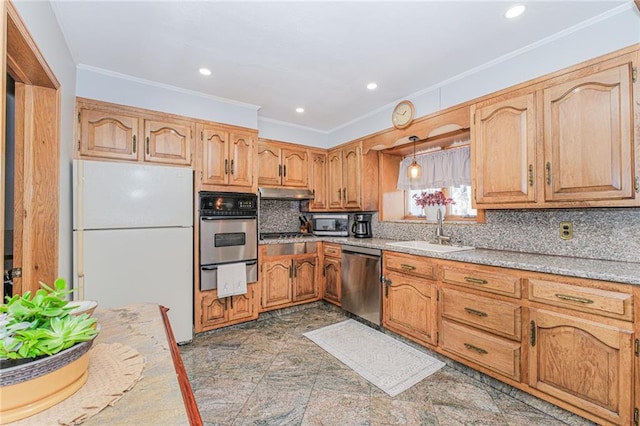 1960 Stillwell Ave, Brooklyn, NY 11223 - kitchen featuring appliances with stainless steel finishes, a warming drawer, crown molding, tasteful backsplash, and light countertops
