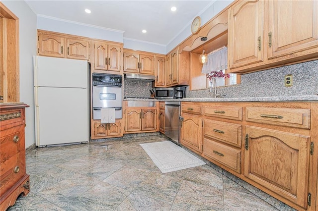 1960 Stillwell Ave, Brooklyn, NY 11223 - kitchen featuring stainless steel appliances, crown molding, a warming drawer, decorative backsplash, and under cabinet range hood