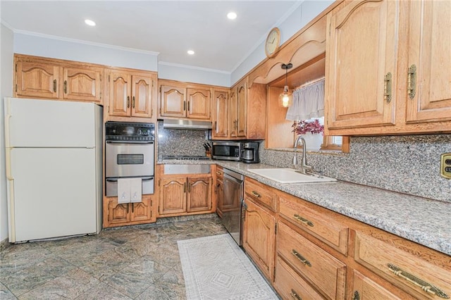 1960 Stillwell Ave, Brooklyn, NY 11223 - kitchen featuring appliances with stainless steel finishes, a warming drawer, ornamental molding, under cabinet range hood, and backsplash