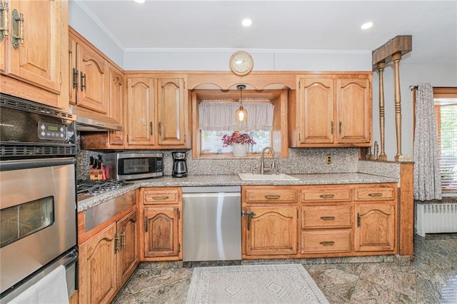 1960 Stillwell Ave, Brooklyn, NY 11223 - kitchen with appliances with stainless steel finishes, radiator heating unit, under cabinet range hood, backsplash, and light countertops