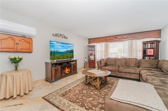 1960 Stillwell Ave, Brooklyn, NY 11223 - living room featuring a wall mounted air conditioner, light tile patterned flooring, and a fireplace