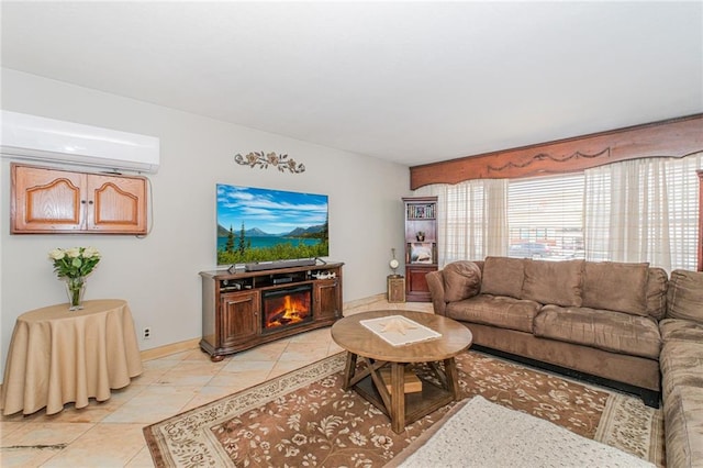1960 Stillwell Ave, Brooklyn, NY 11223 - living area featuring a wall unit AC, light tile patterned floors, and a lit fireplace