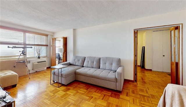 living room featuring a textured ceiling