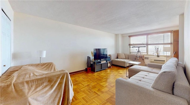 living room with baseboards and a textured ceiling