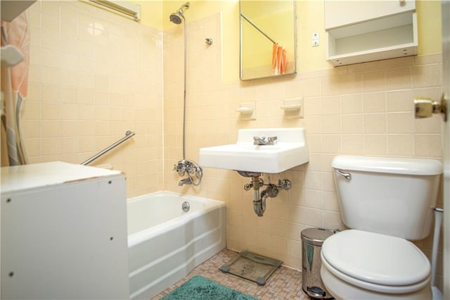 448 Neptune Ave Unit 19A, Brooklyn, NY 11224 - bathroom with shower / bath combination with curtain, tile walls, tile patterned flooring, a sink, and toilet