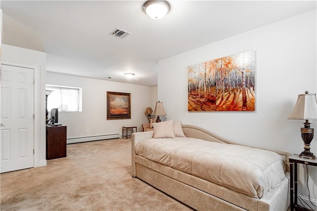 bedroom with light colored carpet, a baseboard heating unit, and visible vents