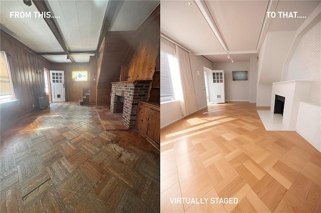 1817 E 15th St, Brooklyn, NY 11229 - unfurnished living room featuring a brick fireplace, baseboards, wooden walls, and beamed ceiling