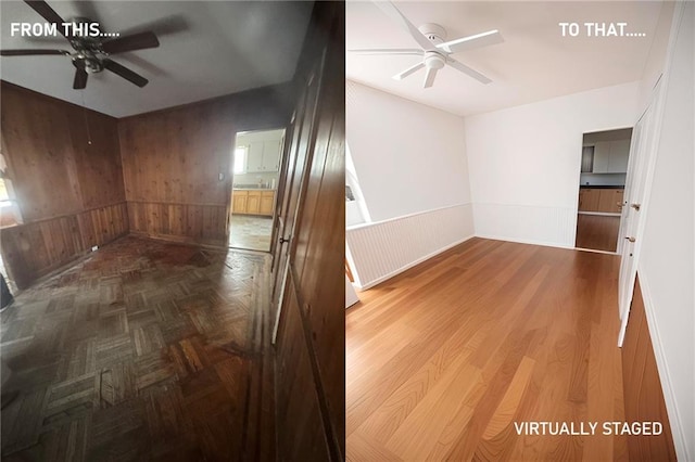 1817 E 15th St, Brooklyn, NY 11229 - spare room featuring a ceiling fan, wood walls, wainscoting, and parquet flooring