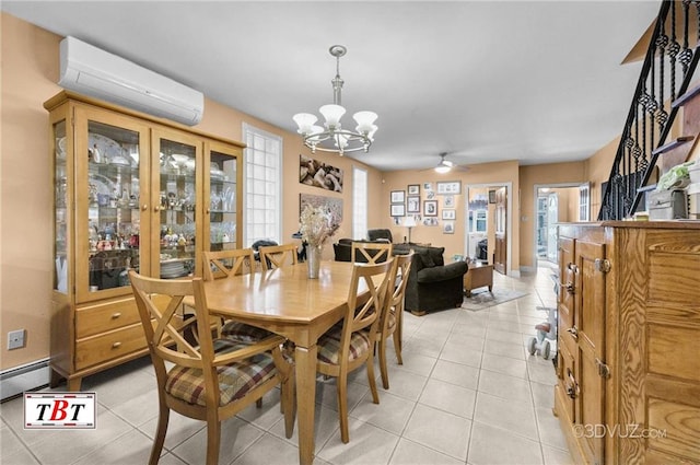 1854 73rd St, Brooklyn, NY 11204 - dining room with a wall mounted air conditioner, a chandelier, light tile patterned floors, ceiling fan, and baseboard heating