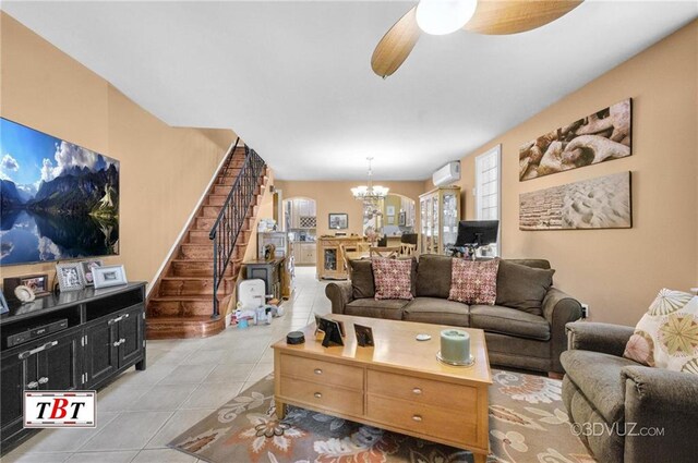 1854 73rd St, Brooklyn, NY 11204 - living area with a chandelier, stairs, a wall unit AC, light tile patterned floors, and ceiling fan