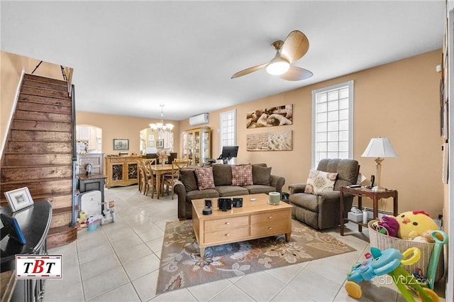 1854 73rd St, Brooklyn, NY 11204 - living area featuring light tile patterned flooring, a ceiling fan, stairway, and a chandelier