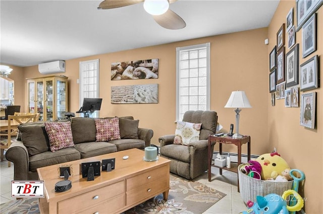 1854 73rd St, Brooklyn, NY 11204 - living room featuring light tile patterned floors, a wall mounted AC, baseboard heating, and a ceiling fan