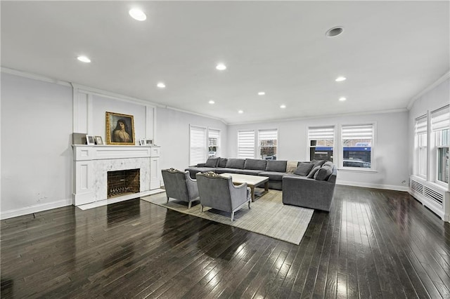 living room with a fireplace, baseboards, ornamental molding, and wood-type flooring
