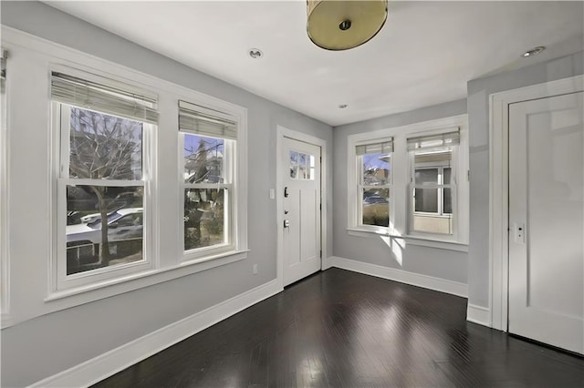 entrance foyer featuring plenty of natural light, baseboards, and dark wood-style floors