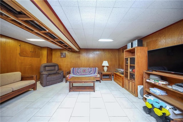 living area with wooden walls