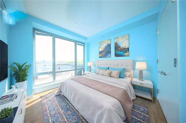bedroom with baseboards and wood finished floors