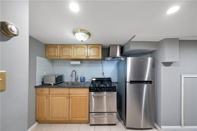 1942 Kimball St, Brooklyn, NY 11234 - kitchen featuring stainless steel appliances, a sink, wall chimney range hood, dark countertops, and decorative backsplash
