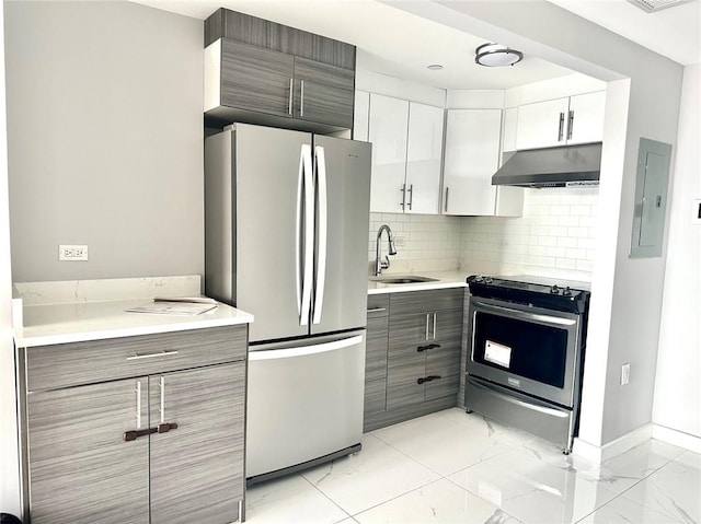 70-09 45th Ave Unit 7C, Woodside, NY 11377 - kitchen with electric panel, a sink, marble finish floor, under cabinet range hood, and appliances with stainless steel finishes