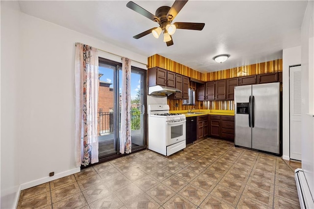 kitchen featuring baseboard heating, white gas range, under cabinet range hood, stainless steel fridge with ice dispenser, and dishwasher