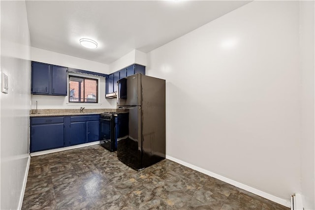 kitchen with baseboards, light countertops, a baseboard heating unit, black appliances, and blue cabinetry