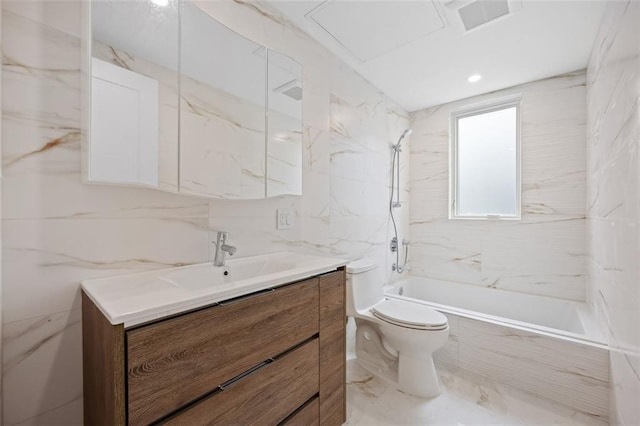 227 77th St, Brooklyn, NY 11209 - bathroom featuring vanity, a combined bath / shower with marble appearance, marble finish flooring, and tile walls