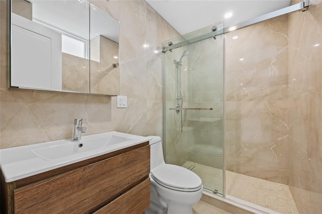 227 77th St, Brooklyn, NY 11209 - full bathroom with tiled shower, tile walls, and vanity