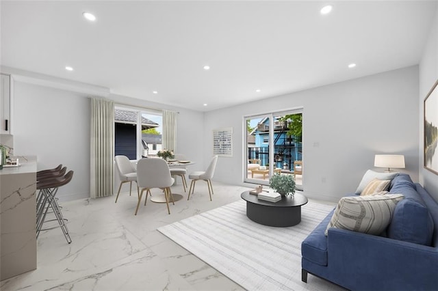 227 77th St, Brooklyn, NY 11209 - living room featuring recessed lighting and light marble finish flooring