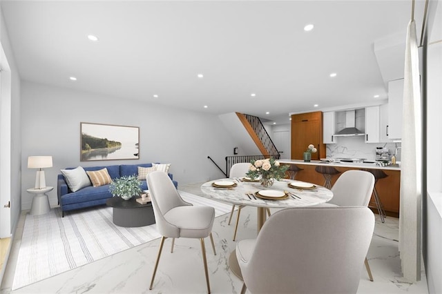 227 77th St, Brooklyn, NY 11209 - dining room with light marble finish floors, recessed lighting, and stairs
