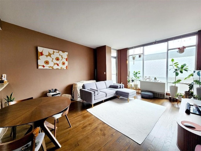 living room with floor to ceiling windows and wood finished floors