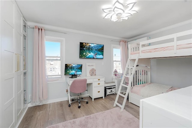 286 Bay 10th St, Brooklyn, NY 11228 - bedroom with crown molding, light wood-style floors, a desk, and baseboards