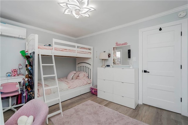 286 Bay 10th St, Brooklyn, NY 11228 - bedroom with a wall mounted air conditioner, crown molding, wood finished floors, and a chandelier