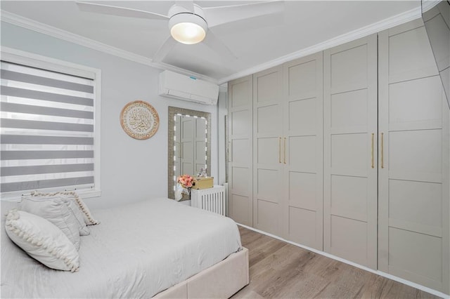 286 Bay 10th St, Brooklyn, NY 11228 - bedroom featuring a wall mounted air conditioner, light wood-style flooring, ornamental molding, and ceiling fan
