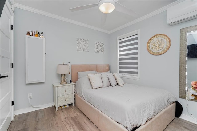 286 Bay 10th St, Brooklyn, NY 11228 - bedroom featuring a wall mounted AC, wood finished floors, crown molding, baseboards, and ceiling fan