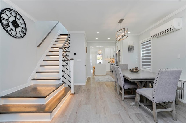 286 Bay 10th St, Brooklyn, NY 11228 - dining area featuring a wall mounted air conditioner, stairs, light wood finished floors, ornamental molding, and a chandelier