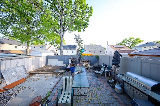 view of patio / terrace with a fenced backyard, a residential view, and area for grilling