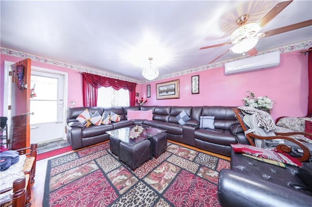 18 Downey Pl, Staten Island, NY 10303 - living room featuring a wall unit AC, a ceiling fan, and wood finished floors