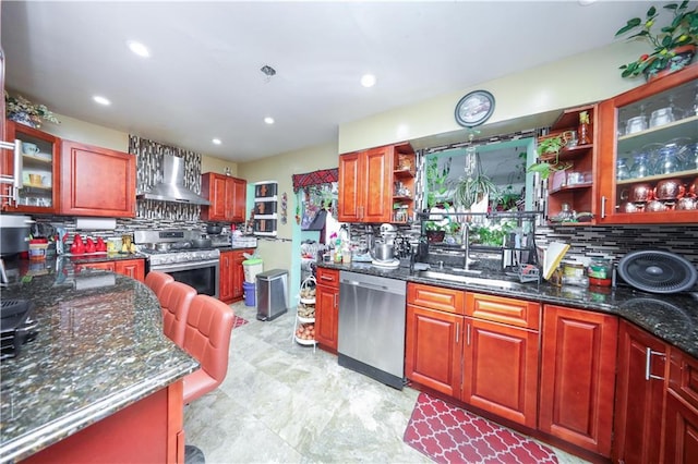 18 Downey Pl, Staten Island, NY 10303 - kitchen with appliances with stainless steel finishes, wall chimney exhaust hood, open shelves, backsplash, and a sink