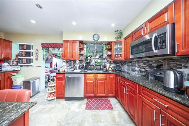 18 Downey Pl, Staten Island, NY 10303 - kitchen with stainless steel appliances, backsplash, open shelves, and recessed lighting