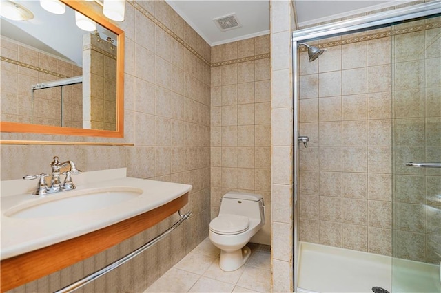 full bath with crown molding, visible vents, tile patterned floors, a sink, and a stall shower