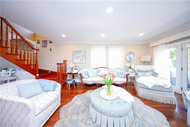 63 Finlay Ave, Staten Island, NY 10309 - living room with ornamental molding, wood finished floors, stairway, and recessed lighting