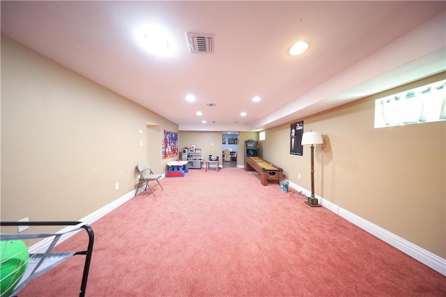 rec room featuring baseboards, carpet flooring, recessed lighting, and visible vents
