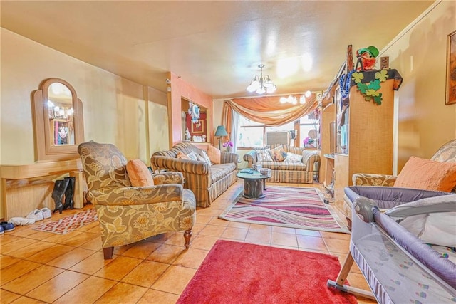 living room with tile patterned flooring and a chandelier