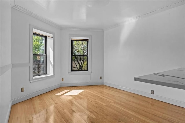 spare room featuring crown molding, baseboards, and light wood-style flooring