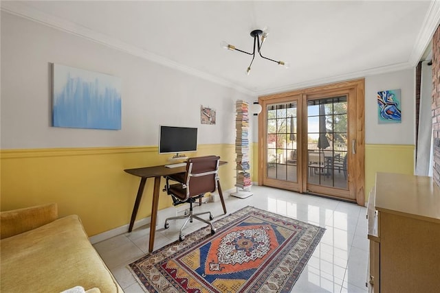 3 Silver Lake Rd, Staten Island, NY 10301 - tiled office space featuring ornamental molding, wainscoting, a chandelier, french doors, and baseboards