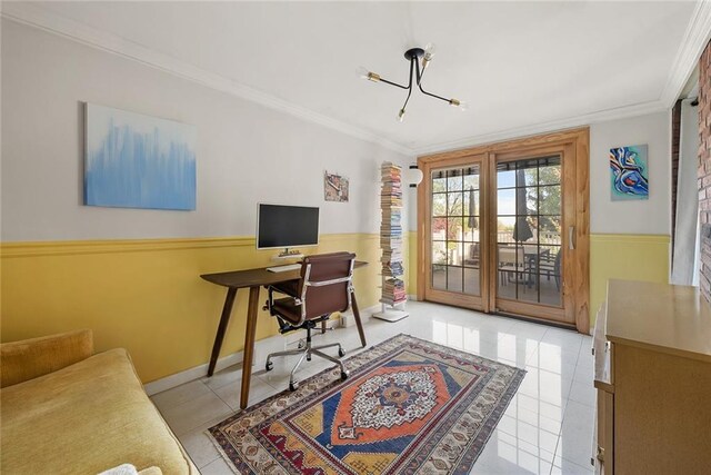 3 Silver Lake Rd, Staten Island, NY 10301 - tiled office featuring a wainscoted wall, ornamental molding, a chandelier, french doors, and baseboards