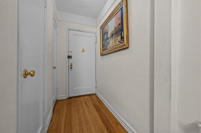 entryway featuring baseboards and wood finished floors