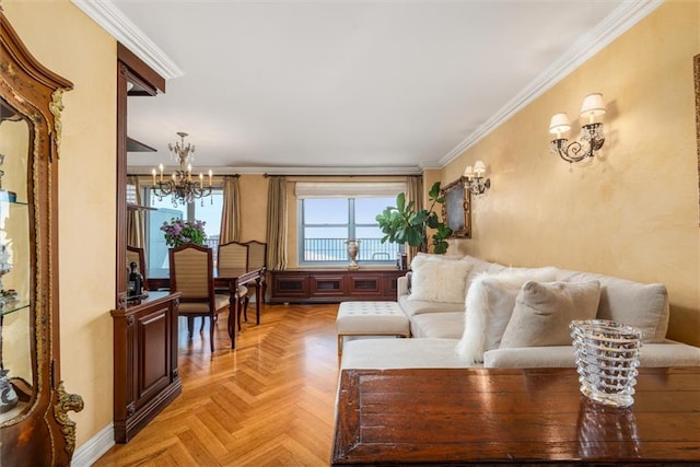 501 Surf Ave Unit 16K, Brooklyn, NY 11224 - living area with crown molding, a notable chandelier, and baseboards